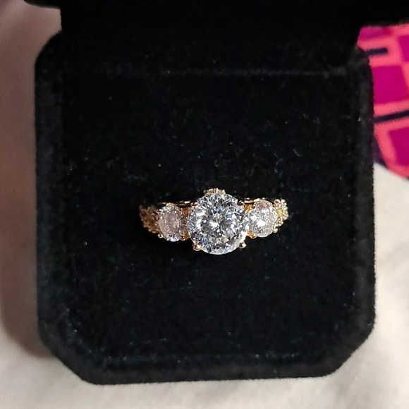 Genuine Moissanite Trilogy Ring In 14k YG Vermeil. - Picture 2 of 14